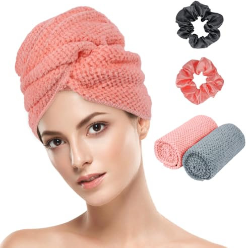 AOOWU Grande Toalla Microfibra Pelo, 2 Piezas Toallas Pelo Cabello Seco Súper Suave, Toalla Turbante Absorbente con Correas Elásticas, Mujer Toalla de Pelo Secado Rápido para Cabello Largo, Grueso