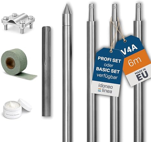 Tiefenerder Set V4A Edelstahl – Erdungsstab/Erdungsspieß mit Anschlussklemme & Schlagspitze – Basic & Profi Set mit Korrosionsschutzband, Vaseline & SDS – Blitzschutz, PV Erdung