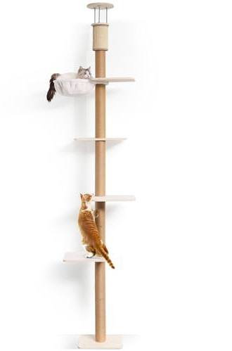 FUKUMARU Kratzbaum, 4 Etagen bis zur Decke reichender Katzenturm(251-274cm), wandmontierter Katzenbaum, aus robuster Multiplexplatte und Jute, mit gemütlicher Hängematte