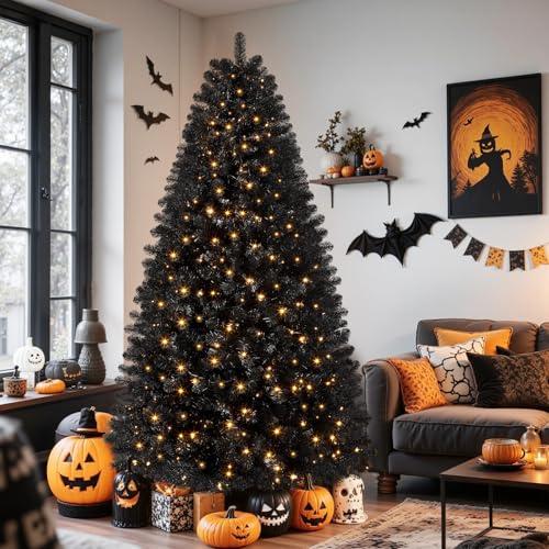 SHareconn 7ft Pre Lit Christmas Tree with 320 Warm White LED Lights, 8 Adjustable Lighting Modes, 1076 Branch Tips, Foldable Metal Stand, Artificial Christmas Trees for Home Party Decoration, Black
