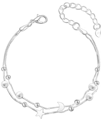 YELUWA Bracelet Cheville Femme, Bracelet de Cheville Cadeau Femme Argent Double Chaînes avec Boules Été Pieds Nus Fête Sur la Plage Chaînes Réglable 23+2.5cm Idee Cadeau Fille Anniversaire Maman Sœur