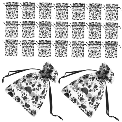 Organzabeutel mit Pfotenabdruck 50 Stück, Kordelzug, Schwarz | Schmuck und Hundespielzeug, Transparentes Organza, Verpackung für Partys und Geschenke