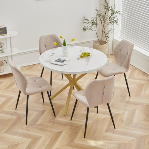 GrandCA HOME Esstisch und Stuhlset, 100 cm Runder Esstisch und 4 Moderne Leinenstühle, für Esszimmer, Küche, Wohnzimmer (Marmor + Khaki)