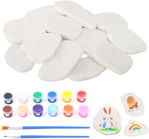 TTYSHIP® 12 Pcs Galets a Peindre, 3-8cm Galet à Peindre Blanc avec 12 Couleurs de Peinture Acrylique et 2 Pinceaux pour Peinture Colorée Décoration