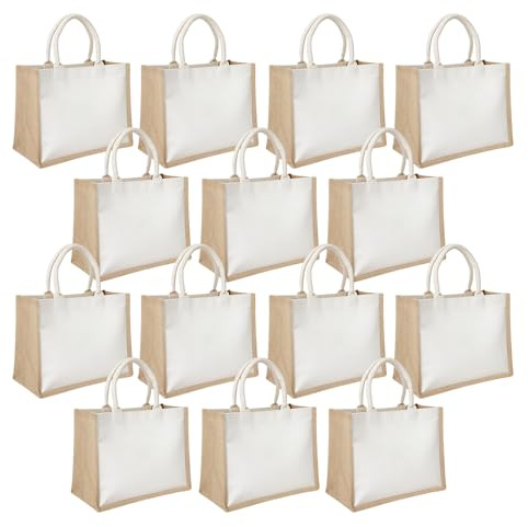 UCEHIPAW 14 Pcs Jute Tote Bags with Handles 15 x 10.3 x 6.5 Inches Large Reusable White Burlap Bags Blank Waterproof Tote for Wedding Bridesmaid Gift Beach Travel DIY Party Supplies