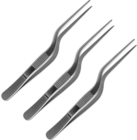 3 Pezzi Pinzette in Acciaio Inox Multiuso, Pinzetta Sopracciglia Professionale e Pinze da Cucina, Punta Seghettata Curva, Precisione e Sicurezza per Casa, Cucito, Artigianato e Bonsai