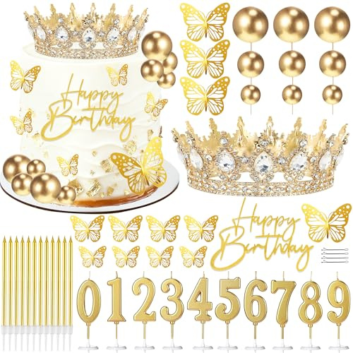 SUTROMA Crown Cake Topper, Corona Para Pastel,Happy Birthday Cake Toppers Candles Balls Butterflies, Cake Decorations for Princess Women Queen Party Wedding Decor (Gold White)