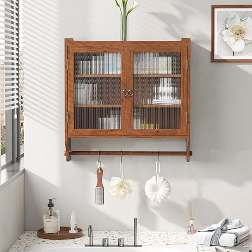 Massbinet 63 cm Glas-Tür Vintage-Wandschrank mit Zwei Türen, DREI Ablageflächen und Handtuchhalter, für Badezimmer, Küche, Esszimmer, braun