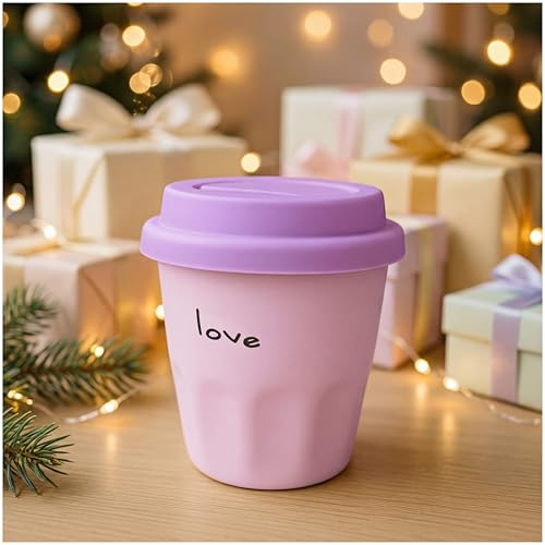 OHAANYY Taza de Cerámica Estilo Amor con Tapa de Silicona para Mocha 310ml | Vaso para café y capuchino con relieve estructural en tonos suaves y románticos. Vajilla apta para lavavajillas y regalo.