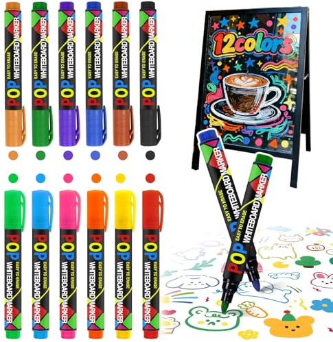 Kebuye Whiteboard Marker 12 Farben Stifte 2–4 mm Linienbreite Kreidestifte | für Tafel Abwaschbar Kreidemarker Fensterstifte Fenstermalstifte für Zuhause, Schule & Büro