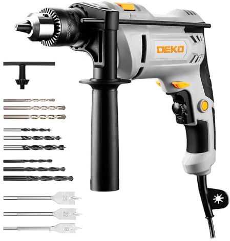 900W Corded Hammer Drill : DEKOPRO 45,000BPM Electric Hammer Drill with 13mm Keyed Metal Chuck, 360°Adjustable Handle,15pcs Accessories, Variable Speed for Concrete, Masonry,Wall Wood and Soft Metals