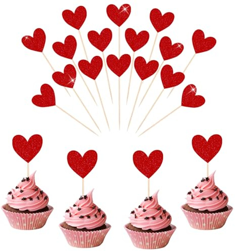 Corazón Decoración Tarta 40 Piezas Cupcake Toppers San Valentín Adornos Pastel Romántico Ideales para Bodas, Cumpleaños y Aniversarios (Rojo)