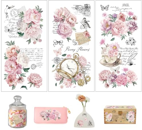 Joeyan 3 Stück Rub on Sticker Blumen Rosa mit Sprüche, Vintage Transferaufkleber für DIY Basteln und Möbel Deko, Heimdekoration Aufkleber für Gläser,Holz,Metall,Leinwand,Porzellan,Kunststoff, 15x30 cm