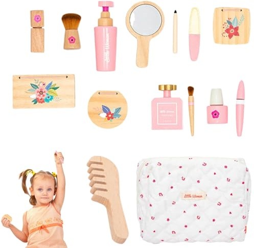 Holz Make-up Set - Holz Make-up Spielzeug Set - Gefälschte Make-up Mädchen Sieben Mädchen, Gefälschte Make-up Kit mit Kosmetik Tasche Kinder Rolle Spielen Mädchen Spielzeug
