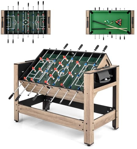 COSTWAY 2 in 1 Multi Game Table, Swivel Football & Pool Combo Table with 2 Foosballs, 2 Cue Sticks, Triangle & Box of Billiard, Indoor Arcade Game Tables for Home Party (Grayish Brown, 124x60.5x81cm)