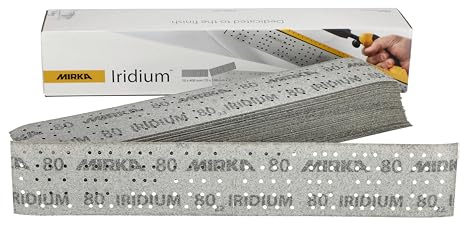 Mirka - papel de lija Iridium 70x400 mm 140 agujeros grano 80 | Papel de lija perforado con cierre adhesivo para acabado profesional en madera acero y materiales minerales