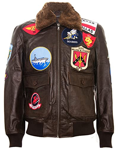Men's Brown Air Force A2 Flight Leather Bomber Jacket with Sheepskin Collar and Patches XL