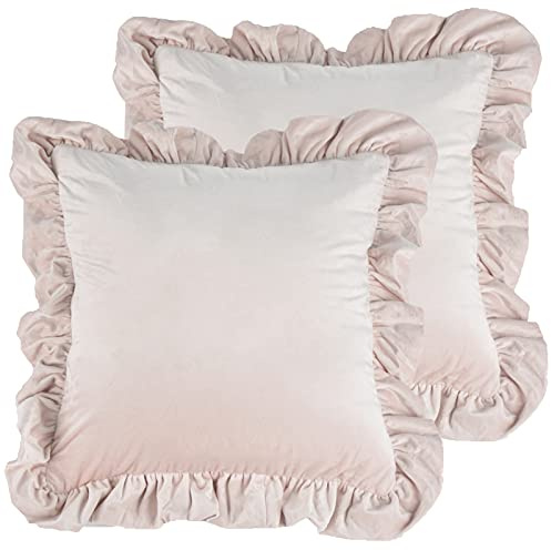 Jemiipee 2er Set Kissenbezug 45x45 cm Kissenhülle für Sofa Dekorative Kissenbezüge aus Samt Dekokissen Sofakissen Couchkissen Samtkissenbezug Deko Zierkissenbezug mit Rüschen, Hell-Pink