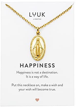 LUUK LIFESTYLE Edelstahlkette mit Jungfrau Maria Anhänger und HAPPINESS Spruchkarte, Glücksbringer, Frauenschmuck, verstellbare Kette, Marienbild als Schutztalisman, Gold