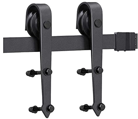 XUANYU 366 cm/12 FT Robustes Doppelschiebetür Komplettset aus Kohlenstoffstahl Schiebetürbeschlag ohne Tür Schiene Laufschienen mit 4 Rollen für Doppeltür Scheunentor, Küchentür (Schwarz Schwertform)