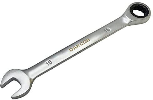 DAKCOS Kombi-Ratschenschlüssel 15mm - Metrischer Ratschenringmaulschlüssel aus CR-V mit mattierter Chromoberfläche | Aus CR-V mit mattierter Chromoberfläche