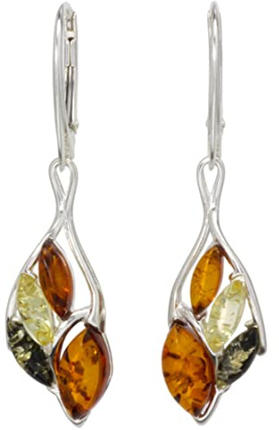 LIGURIUS Ohrringe aus echtem Bernstein, 925er Sterlingsilber, hängend, natürlicher, mehrfarbiger Edelstein, Bernsteinschmuck für Damen, Ohrhänger mit Klappverschluss