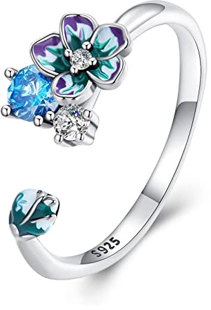 Qings Shining Flower Open Ring 925 Sterling Silver Blooming Purple Flowers Shiny Bud Adjustable Ring for Women Girls