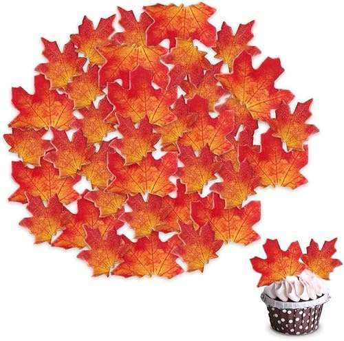 Morofme Essbare Ahornblätter 50pcs, Herbstblätter Essbare Tortendeko, Gold Ahornblätter Cupcake Topper, Essbare Blatt Wafer Papier Herbst Blatt Kuchen Dekorationen für Herbst Thanksgiving Party