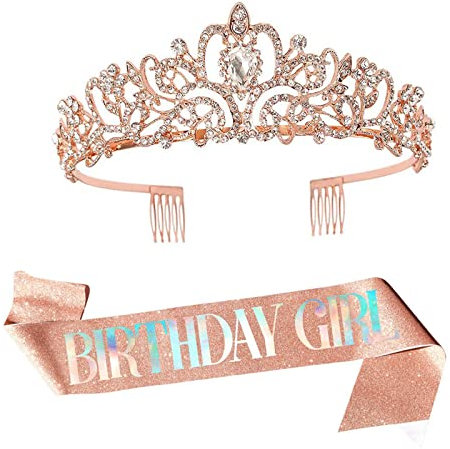 Leixi Birthday Girl Sash & Rhinestone Tiara Set, Sash and Tiara for Women Decoration Kit, Rhinestone Headband for Girl Glitter Crystal Hair Accessories (Rose Gold)