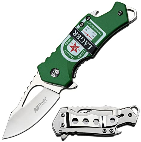 MTech USA – Spring Assisted Folding Knife – Satin Finish Fine Edge Steel Blade, Aluminum Handle w/Lager Beer Graphic, Bottle Opener and Pocket Clip, Tactical, EDC, Self Defense- MT-A88L