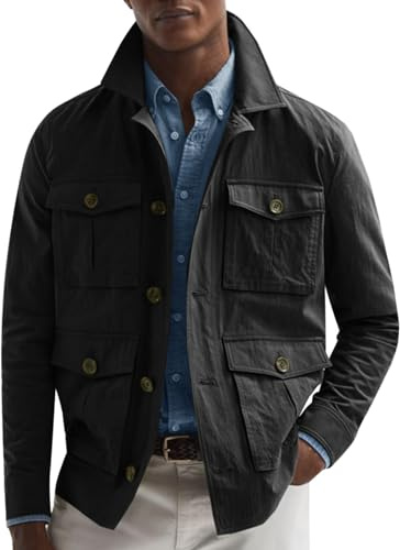 Runcati Mens Lightweight Safari Jacket Casual Button Up Jacket Windproof Work Coat with Pockets