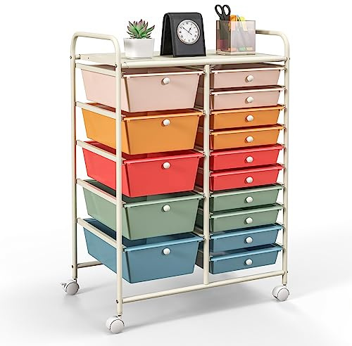 TANGZON 15 Drawers Storage Cart, Multipurpose Mobile Organizer with Lockable Wheels, Utility Rolling Trolley for Home Office Stationery Beauty & Salon (Pastel Mix, 63x37x87cm)