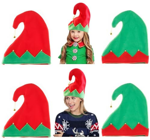 Suuwwn Weihnachten Elfe Mütze mit Glöckchen, Weihnachtsmütze Nikolausmütze Weihnachtsmann Hut für Erwachsene Kinder Grüner Filz Hut mit Rotem Zickzack Weihnachtskostüm Kostümparty Elfenkostuem