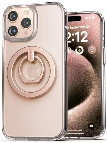 Encased 2-in-1-Schutzhülle, entworfen für iPhone 15 Pro, mit Ring-Telefonhalterung, magnetische Fingerschlaufe mit Ständer (Metall-Ständergriff), transparent/Gold hülle, kompatibel mit MagSafe (6,1)