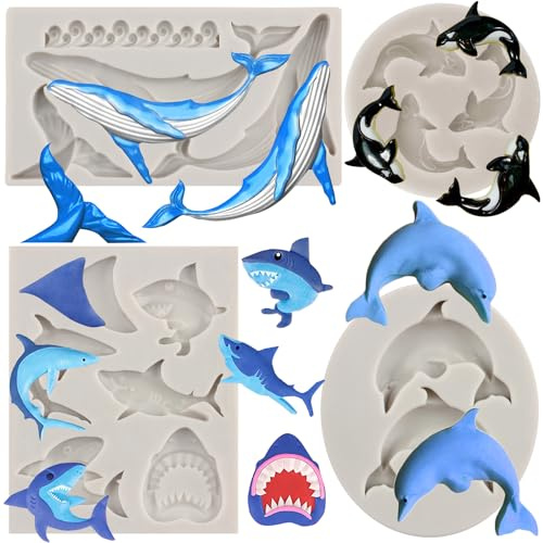 MYPRACS 4 Stück Ozeanhai Fondantform Wal Delfin Silikonformen | Ozeanwellen Fischschwanz Schokoladenformen für Kuchendekoration Cupcake Topper Süßigkeiten Schokolade Gummipaste Polymerton