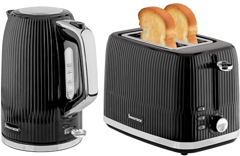 INNOTECK 1.7L Electric Kettle & Toaster Set, Black Textured Stainless Steel | 1.7L kettle with auto shut-off and matching toaster with defrost, reheat and cancel functions for everyday use.