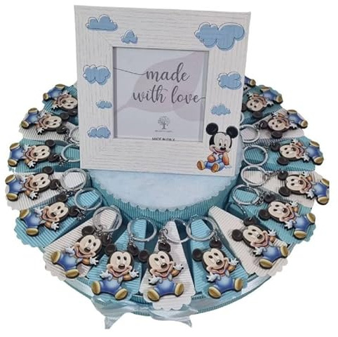 Generico Torta bomboniere Nascita Battesimo Maschio Portachiavi Topo Mouse Baby + Centrale portafoto Confetti Inclusi (20 fette)