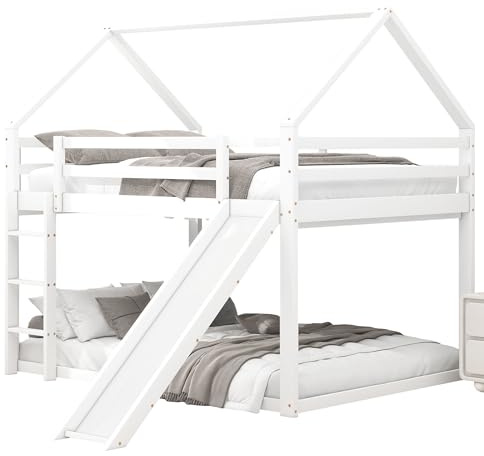 Azkoeesy ‌Kinderetagenbett, Hochbett mit Rutsche, Leiter & Fallschutzgitter | 140x200 cm | Hausbett für Kinderzimmer | Sicher und Platzsparend (Weiß,140 x 200)