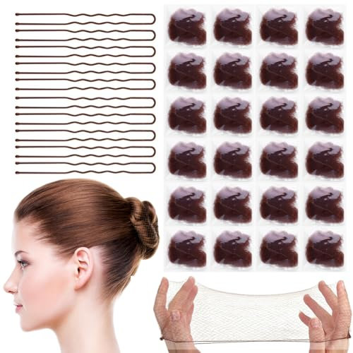 24 Pezzi Retine Chignon con Bordo Elastico, Retina per Danza 10 Forcine U, 50cm Invisibili - Caffè