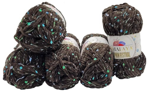5 x 100 Gramm Himalaya Dolphin Festival Strickwolle Babywolle Mehrfarbig, 500 Gramm Strickgarn super Bulky gesprenkelt (braun bunt 81143)