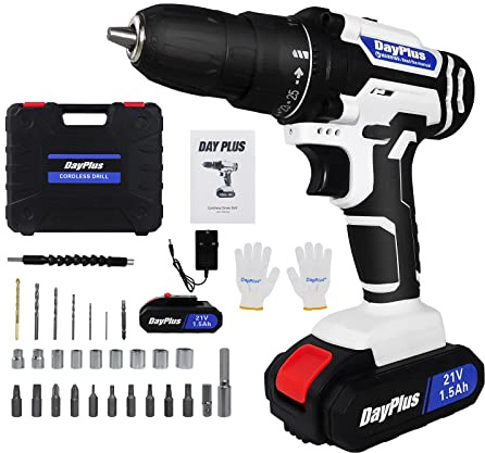 21V Cordless Drill Driver Screwdriver Set,Cordless Hammer Drill with 1 Battery & Charger,45N.m Max Power Electric Drill Driver Set,3/8 Keyless Chuck,25+1 Torque,LED Light,29 Accessories,White