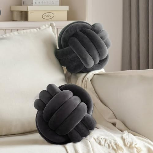 Wadser Knot Pillow Ball Set of 2, 11 Inches Round Throw Pillow Black Decorative Knotted Pillows, Aesthetic Plush Pillow Cushion for Home Office