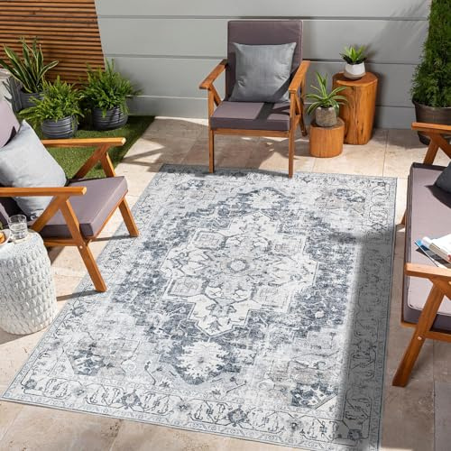 TOPICK Teppich 120x180cm Wohnzimmer Waschbar Kurzflor Retro Grau Blumen Orientalischer Antibakterieller Faltbar Weich rutschfest Dünn Schlafzimmer Kinderzimmer Wohnzimmer Flur