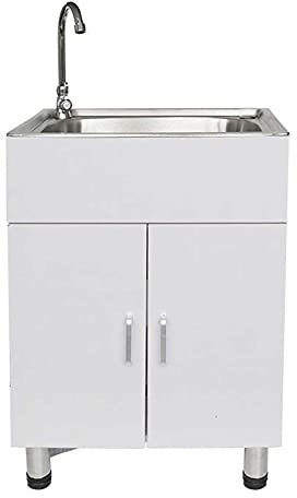 ATNCKS Freestanding Stainless Steel Slop Sink Portable Household Single Slot Laundry Sink Suitable for Outdoor Restaurant Storage Cabinets Easy to Clean (53x38x76 cm) White
