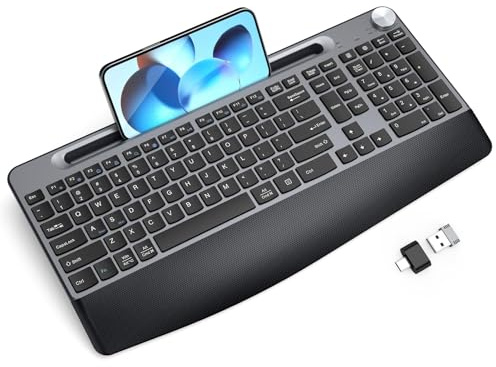 GAMCATZ Clavier ergonomique sans fil avec repose-poignet, support de téléphone/tablette, design silencieux, pour Windows et Mac OS, clavier d'ordinateur sans fil USB pleine taille pour ordinateur de