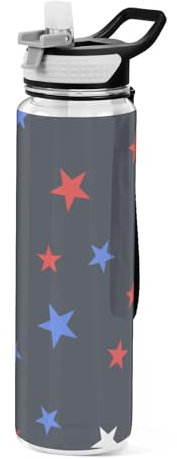 Mnsruu Transparente Sport-Wasserflasche mit Strohhalm, auslaufsichere Trinkflasche, weiße, rote und blaue Sterne, Fahrradflaschen für Sport, Büro, Schule, BPA-freier Tritan-Kunststoff, 1 Liter
