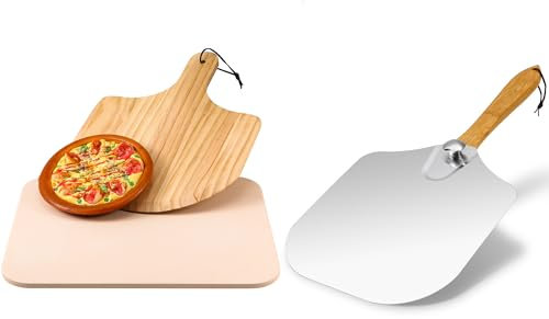 LOYIM Ensemble de 3 pièces de cuisson à pizza comprenant une pierre à pizza en cordiérite de 38,1 cm, une pelle à pizza en bois, une pelle à pizza en aluminium et en métal avec poignée en bois pliable