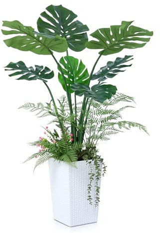 VeriNatural Artificial Monstera Plant 120cm Large Faux Indoor Fake Tree - Decorative Greenery with UV Resistant Leaves & White Woven Pot - Tall Artificial Plants for Outdoor Home Décor Office, VN150