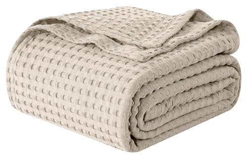 Elegant Comfort Premium 100% Cotton Waffle Blanket - Lightweight Breathable Waffle Weave Bed Blanket - Soft and Warm All Season Blanket for Couch, Sofa and Bed, Queen Size 90x90 Inches, Linen