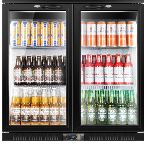 Tylza Back Bar Cooler With 2 Glass Doors, 200L Under Counter Back Bar Refrigerator with LED Lighting, Safety Locks, Counter Height Bar Beverage Cooler for Beer, Soda Drinks, Wine, Black